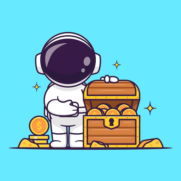 Free vector cute astronaut with treasure gold coin cartoon vector icon illustration science finance isolated