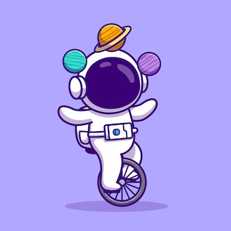 Cute astronaut with unicycle bike and planets cartoon vector  illustration. people technology  concept isolated  vector. flat cartoon style
