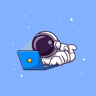 Astronauta sveglio che lavora sull'icona di vettore del fumetto del computer portatile. concetto dell'icona di tecnologia scientifica isolato stile cartone animato piatto