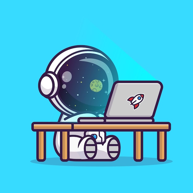 Cute astronaut working on laptop cartoon vector icon illustration science technology icon isolated