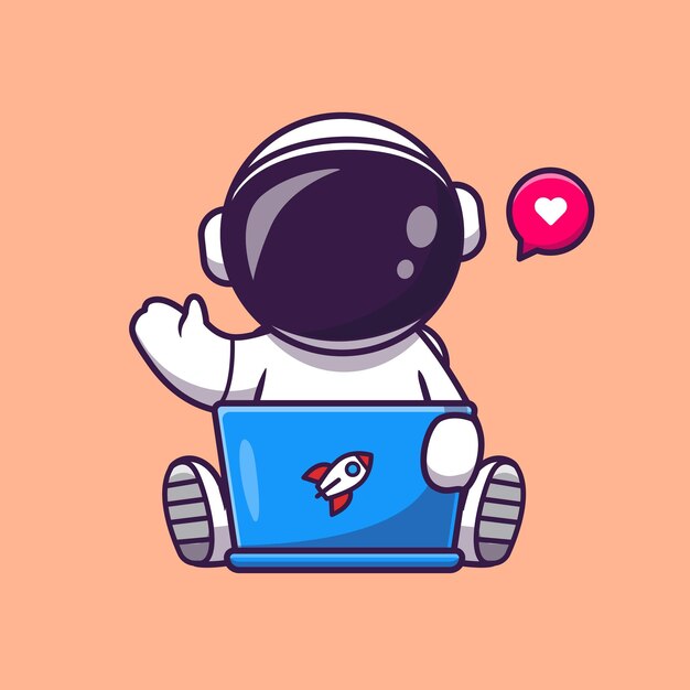 Cute Astronaut Working On Laptop Cartoon Vector Icon Illustration.