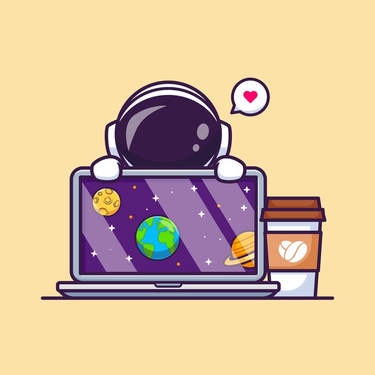 Free Vector cute astronaut working on laptop with coffee cartoon vector icon illustration science technology