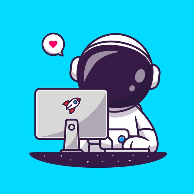 Симпатичный астронавт, работающий с векторной иконкой компьютерного мультфильма . Изолированная концепция значок технологии науки Premium вектор. Плоский мультяшный стиль