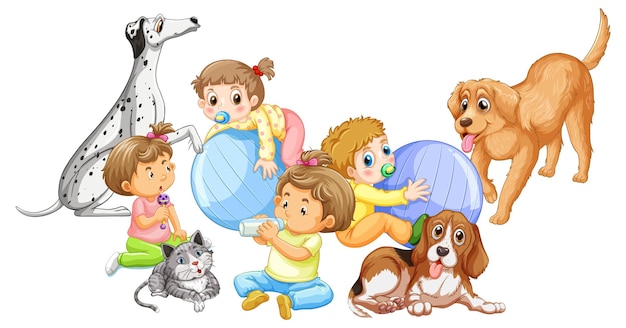 Группа милых детей и собак на белом фоне