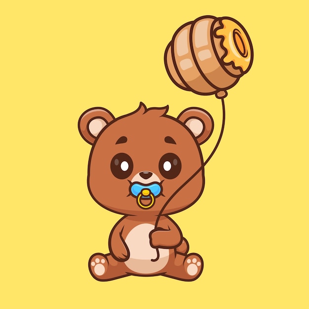 Free vector cute baby bear holding honeycomb balloon cartoon vector icon illustration animal food isolated flat