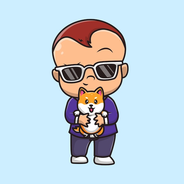 Cute Baby Boss Holding Shiba Inu Dog Cartoon Vector Icon Illustration. People Animal Icon Isolated