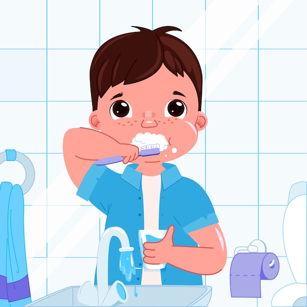 朝の彼女の歯を磨くかわいい男の子。日常生活歯科衛生。