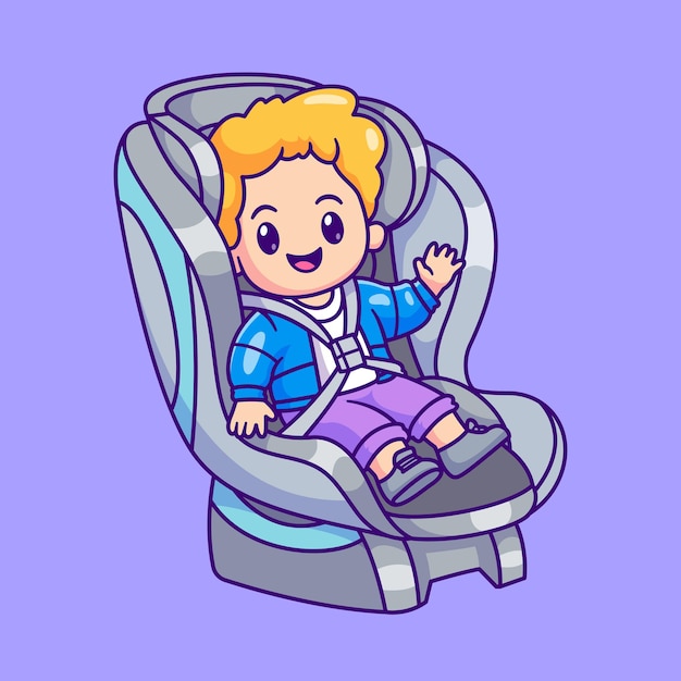 Cute baby boy sitting on car seat cartoon vector icon illustration. people family icon isolated flat
