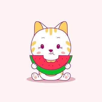 귀여운 아기 고양이 먹는 수박 만화 그림