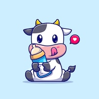 Cute baby cow holding milk cartoon vector icon illustration. animal food icon concept isolated premium vector. flat cartoon style
