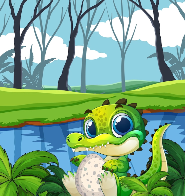 Free Vector cute baby crocodile by the lake