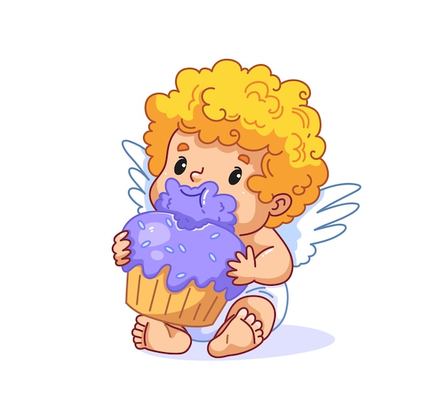 かわいい赤ちゃんのキューピッドは巨大なケーキを食べていますバレンタインデーの漫画のキャラクター翼を持つ巻き毛の小さな男の子