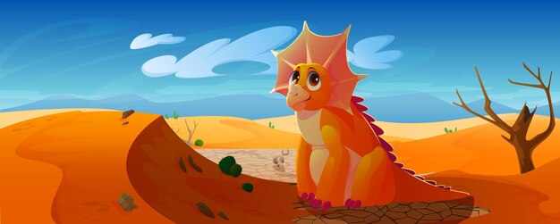 Cute baby dinosaur in desert Little triceratops on drought landscape with sand dry soil dead tree and skeletons Vector cartoon illustration of funny dino character on barren land