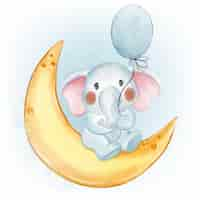 Free vector cute baby elephant holding balloon crescent moon watercolor