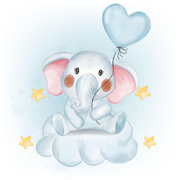 Cute baby elephant holding heart shape balloon watercolor