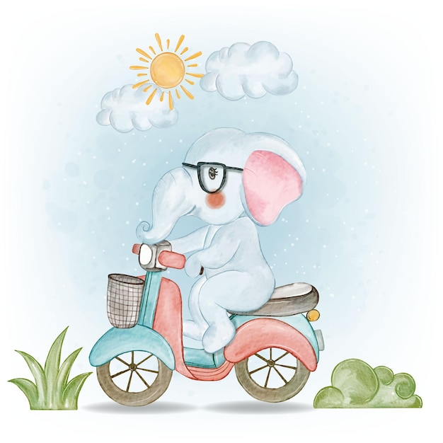 Free vector cute baby elephant on motorcycle watercolor illustration