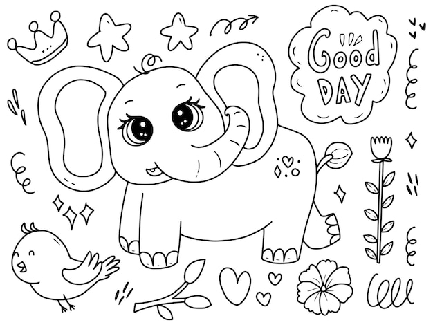 Download Premium Vector Cute Baby Elephant With Bird Doodle Drawing Coloring Page Illustration Cartoon