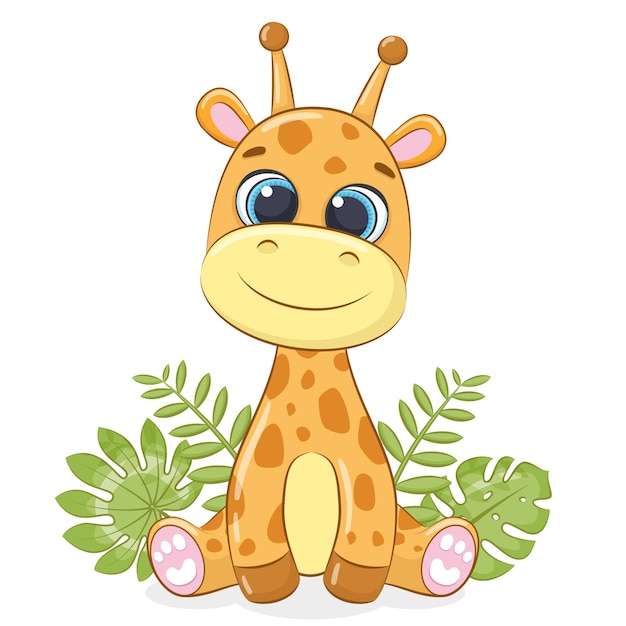 Premium Vector Cute Baby Giraffe With Tropical Leaves Vector Illustration