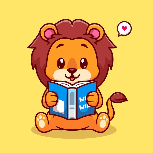 Cute Baby Lion Reading Book Cartoon Vector Icon Illustration Animal Education Icon Concept Isolated