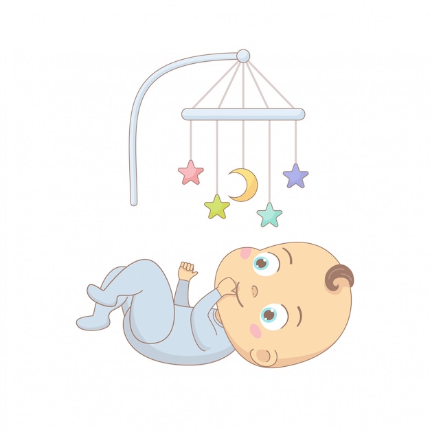 モバイルグッズ カラフルな漫画キャラクターイラストの下に横たわってかわいい赤ちゃん プレミアムベクター