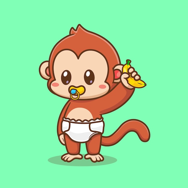 Симпатичная обезьянка, держащая банан с подгузником и соской, мультяшный векторный значок иллюстрации. Животное