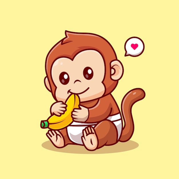 かわいい赤ちゃん猿抱擁バナナ漫画ベクトルアイコンイラスト。分離された動物の性質のアイコンの概念