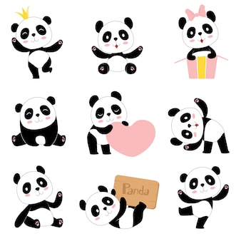 Симпатичные детские панды. игрушечные животные китайские символы панда медведь очаровательны забавные детские талисман персонажей коллекция в мультяшном стиле
