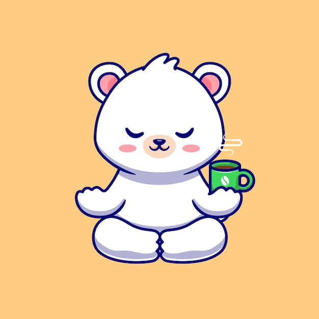 Cute Baby Polar Bear Meditation With Coffee CupI llustration