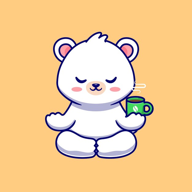 Cute Baby Polar Bear Meditation With Coffee CupI llustration