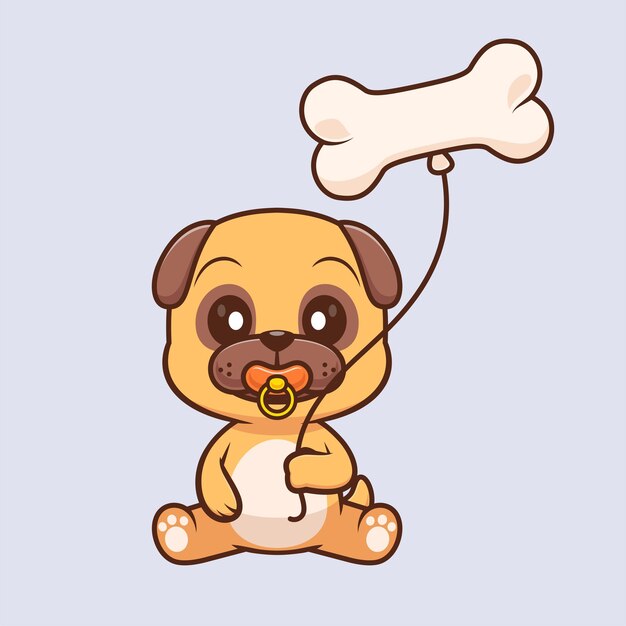 可愛い赤ちゃんのパグ犬が骨の風船を握っている 漫画のベクトルアイコン イラスト 動物の食べ物 孤立したフラット
