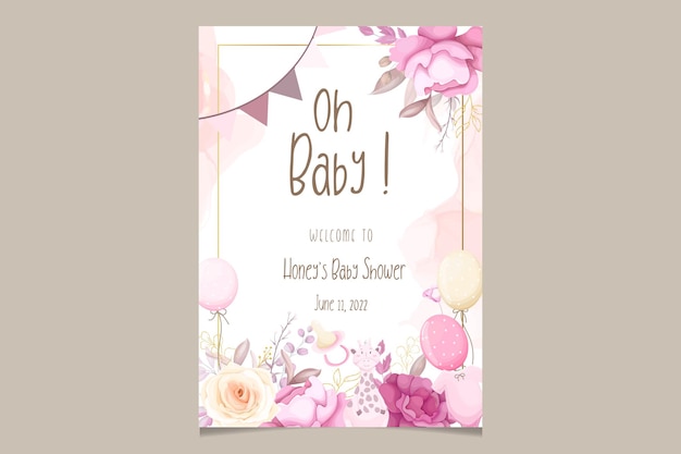 Free vector cute baby shower invitation card with beautiful floral