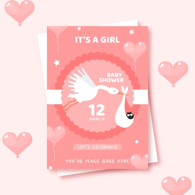 Cute baby shower invitation illustrated for girl