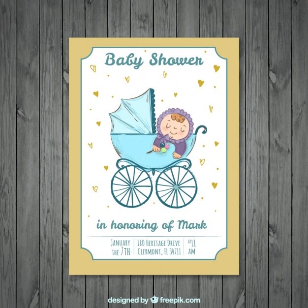Free Vector cute baby shower invitation with child on stroller