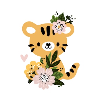 Милый тигренок с цветущими цветами для новорожденного мальчика или девочки