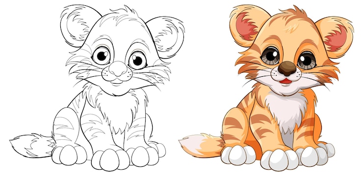 Free Vector cute baby tiger cartoon character outline for colouring