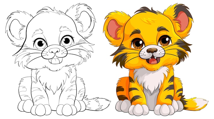 Free Vector cute baby tiger cartoon character outline for colouring