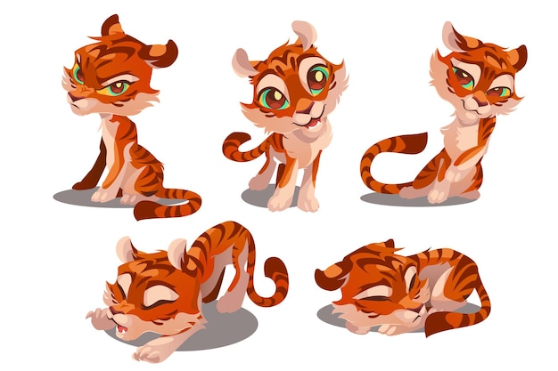 Free vector cute baby tiger character with different emotions