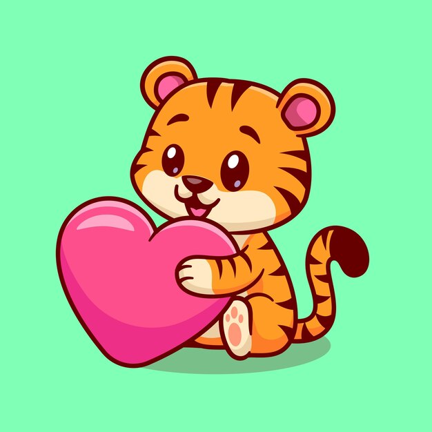 Cute Baby Tiger Holding Love Heart Cartoon Vector Icon Illustration Animal Nature Icon Isolated