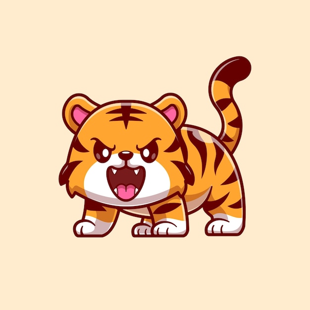 Бесплатное векторное изображение Милый маленький тигр рычащий мультфильм векторная икона иллюстрация икона природы животных изолированный плоский вектор