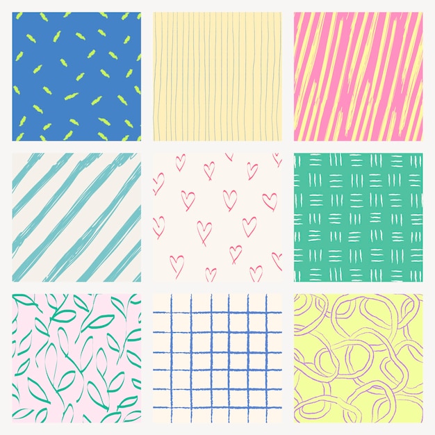 Cute background, colorful doodle pattern design set vector