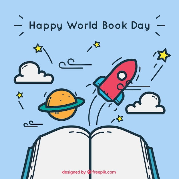 Cute background with open book and items for world book day