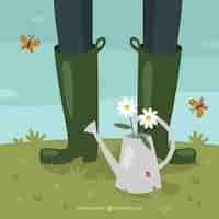 Free vector cute background with watering can, insects and a person's legs