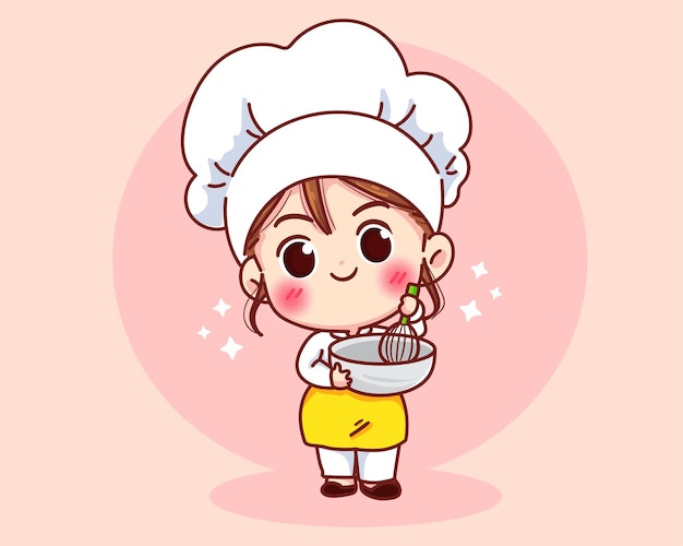 균일 한 마스코트 만화 예술 그림에서 웃 고 귀여운 빵집 요리사 소녀