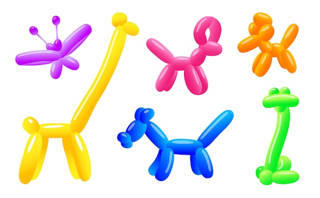 Cute balloon toys in shape of animals vector illustrations set. Collection of prints with dog and butterfly made from latex balloons for party on white background. Celebration, entertainment concept