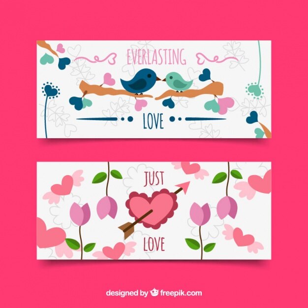 Cute banners with hearts and birds in love