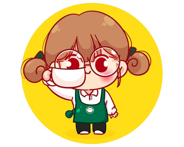 Free vector cute barista in apron holding a coffee cup cartoon character illustration