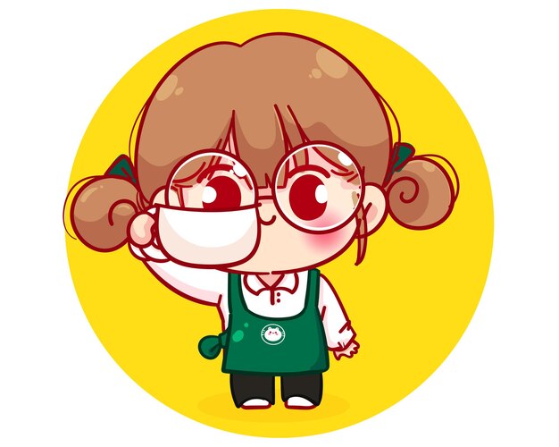 Cute Barista in apron holding a coffee cup cartoon character illustration