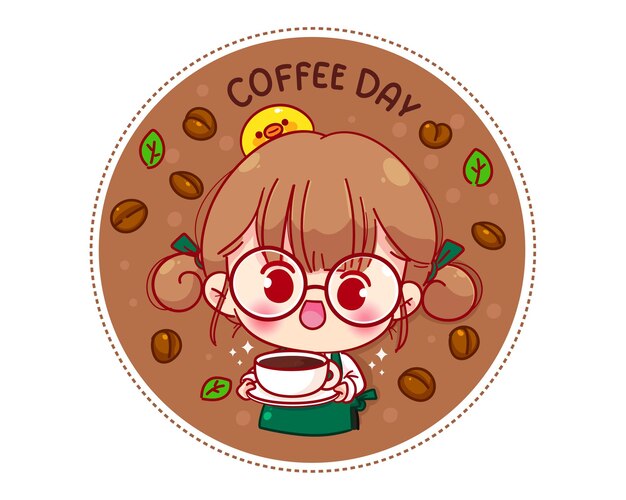 コーヒーカップのロゴの漫画のキャラクターのイラストを保持しているエプロンのかわいいバリスタ