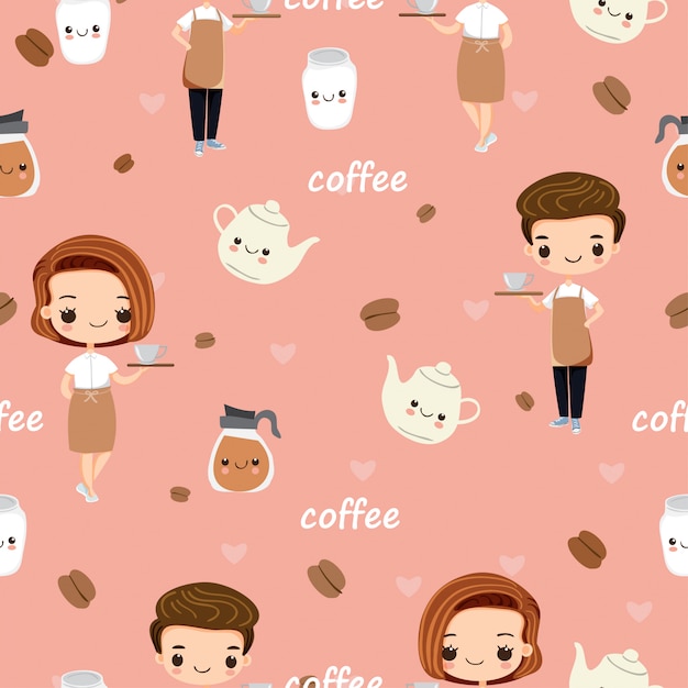 Cute barista and cofee seamless pattern