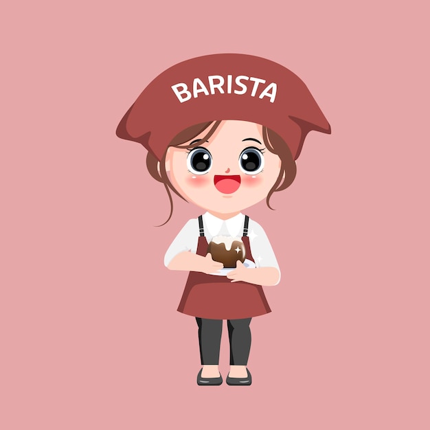 Cute barista with cappuccino drink logo background. Clipart cartoon vector chibi character.